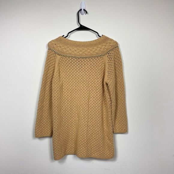 Liz Claiborne Size Small Tan Button Front Heavy Cable Knit Cardigan Chain Detail - Picture 3 of 4